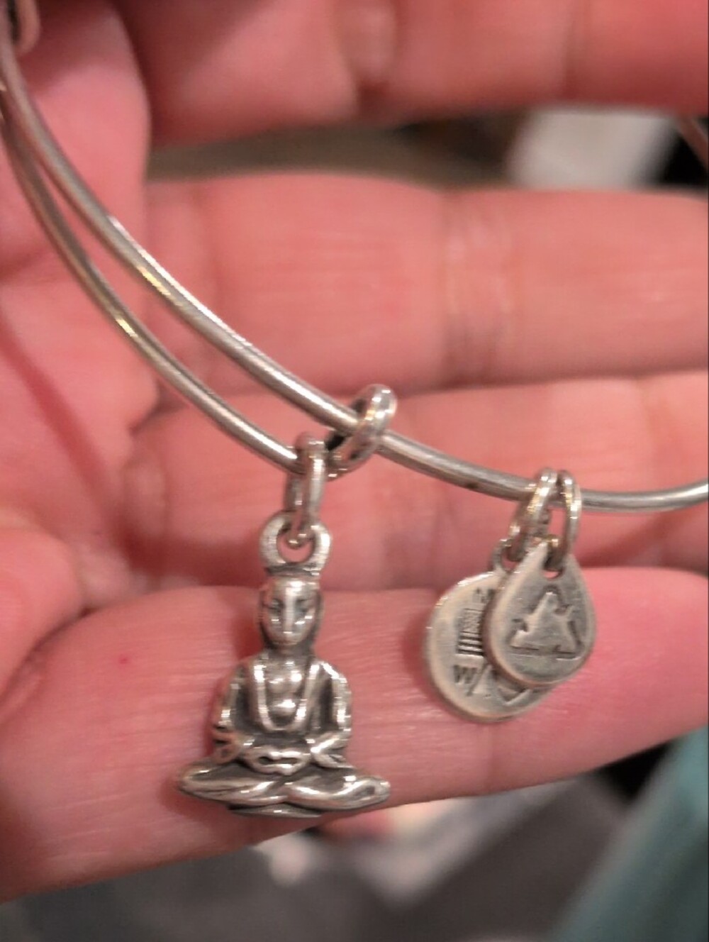 Alex and Ani Silver Tone Bangle Bracelet with Buddha and Charm Discs